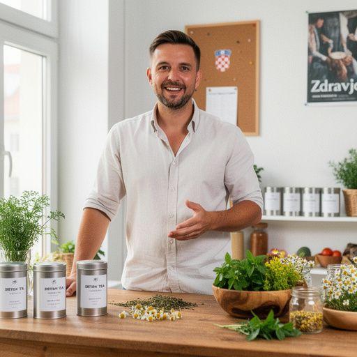 Paket čaja s prirodnim sastojcima na stolu.